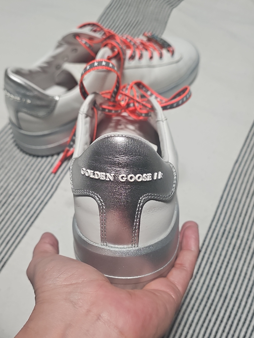 Golden Goose White Sneakers with Silver Heel and Coral Laces